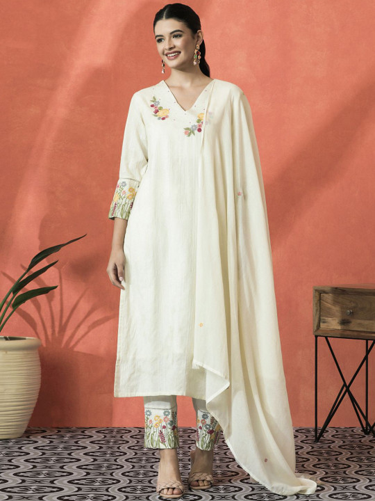 Floral Embroidered V-Neck Sequinned Cotton Straight Kurta With Trouser & Dupatta - Image 8