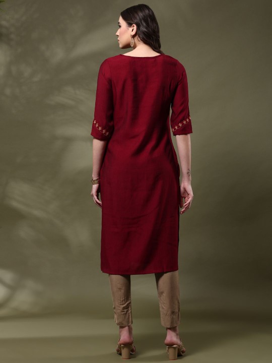 Women Floral Embroidered Flared Sleeves Thread Work Kurta - Image 4