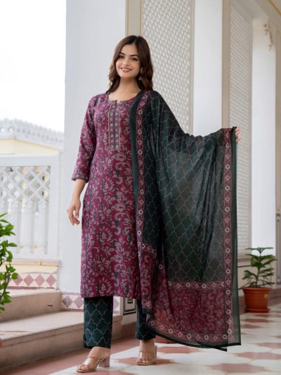 Floral Printed Notch Neck Straight Kurta With Trousers & Dupatta