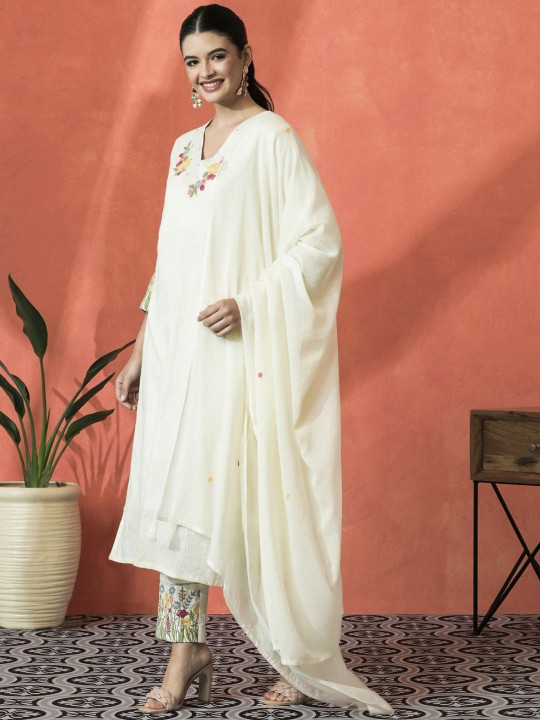 Floral Embroidered V-Neck Sequinned Cotton Straight Kurta With Trouser & Dupatta - Image 6