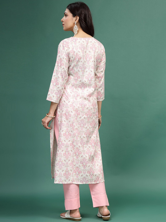 Floral Printed Cotton Notch Neck Straight Kurta - Image 4