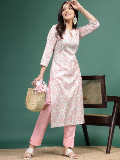 Floral Printed Cotton Notch Neck Straight Kurta