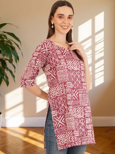 Women Ethnic Motifs Printed Round Neck Pure Cotton Straight Jaipuri Short Kurti