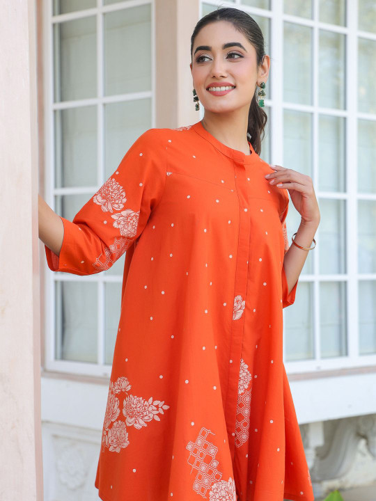 Women's Orange Pure Cotton Floral Printed Flared Tunic - Image 4