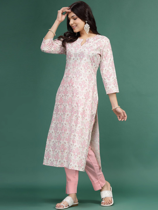 Floral Printed Cotton Notch Neck Straight Kurta - Image 5