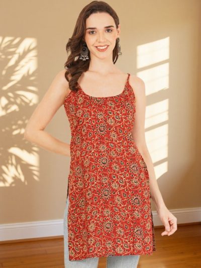 Brownverse Women Floral Printed Shoulder Straps Straight Kurti