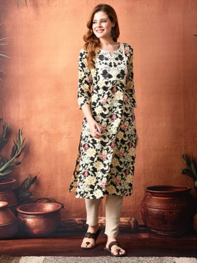Floral Printed Thread Work Yoke Design Notch Neck Straight Pure Cotton Kurta