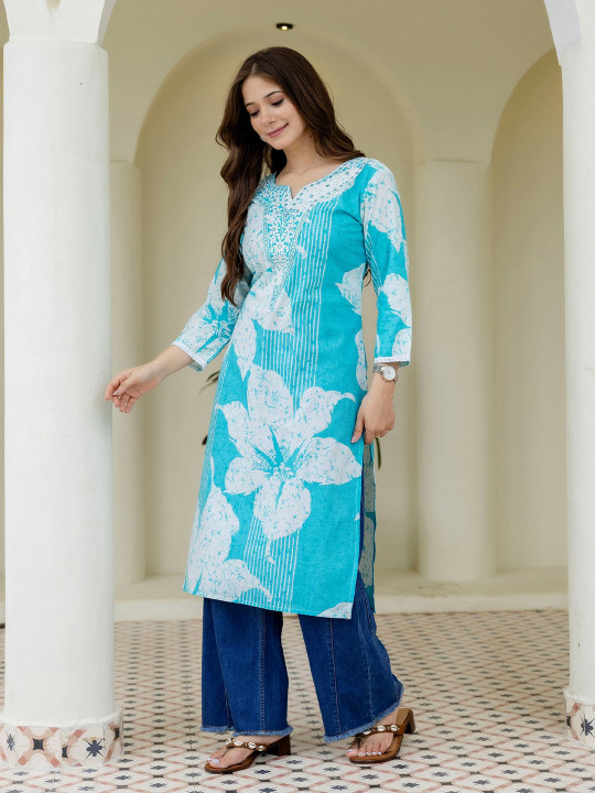 Women Floral Printed Screen Print Festive Pure Cotton Straight Kurta - Image 6