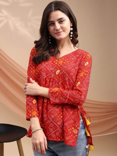 Women Bandhani Print Peplum Kurti With Tassles and Kodi