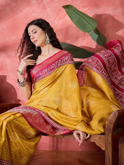 Bandhani Printed Woven Design Zari Border Saree With Unstitched Blouse