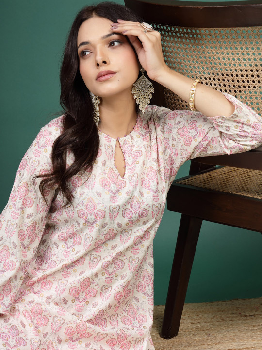 Floral Printed Cotton Notch Neck Straight Kurta - Image 3
