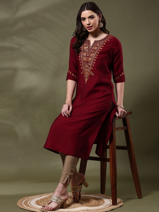 Women Floral Embroidered Flared Sleeves Thread Work Kurta - Image 3