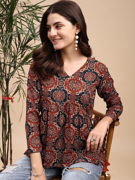 Women Ajrak Print Alia cut Peplum Kurti With Tassles and Kodi - Image 3