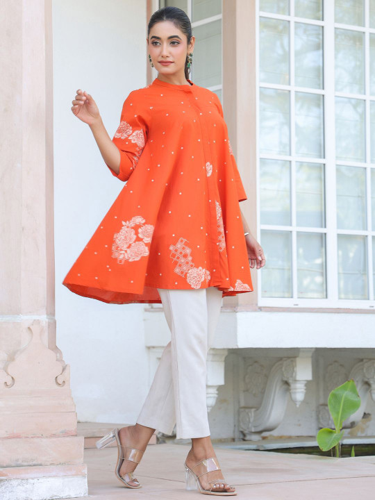 Women's Orange Pure Cotton Floral Printed Flared Tunic - Image 7