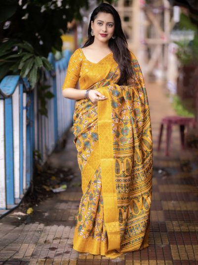Soft Slub Silk Kalamkari Printed Saree With Blouse