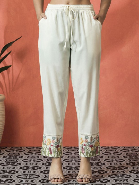 Floral Embroidered V-Neck Sequinned Cotton Straight Kurta With Trouser & Dupatta - Image 2