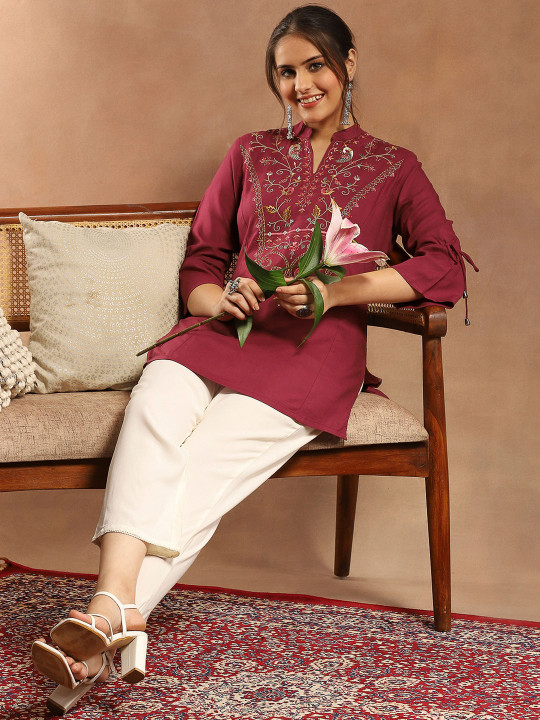 Viscose Rayon Mandarin Collar Embroidered Tunic - Image 3