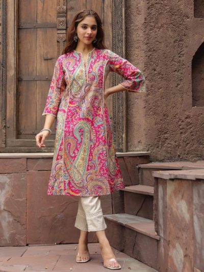 Paisley Printed Notch Neck Panelled A-Line Kurta