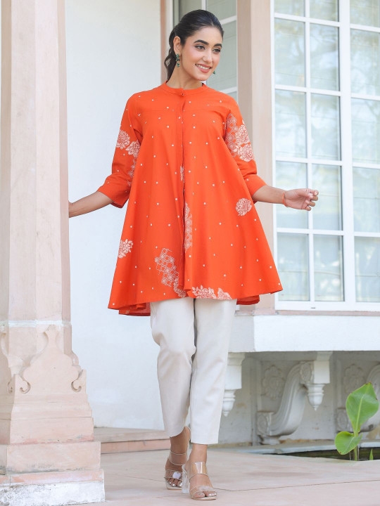 Women's Orange Pure Cotton Floral Printed Flared Tunic - Image 5