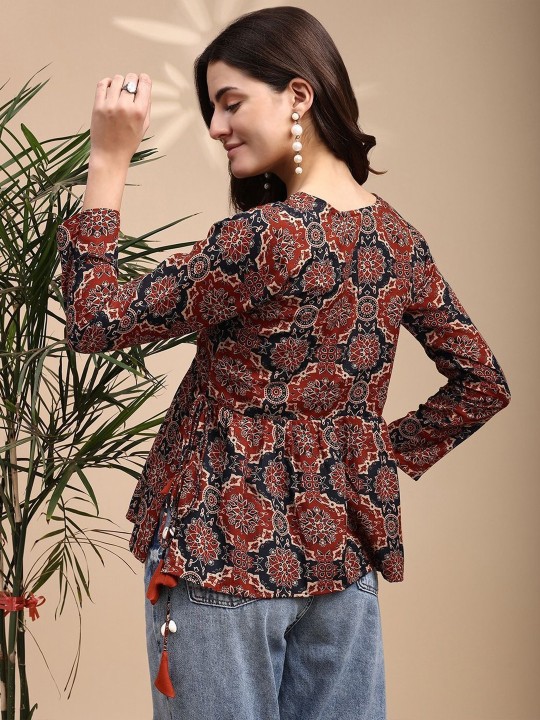 Women Ajrak Print Alia cut Peplum Kurti With Tassles and Kodi - Image 5