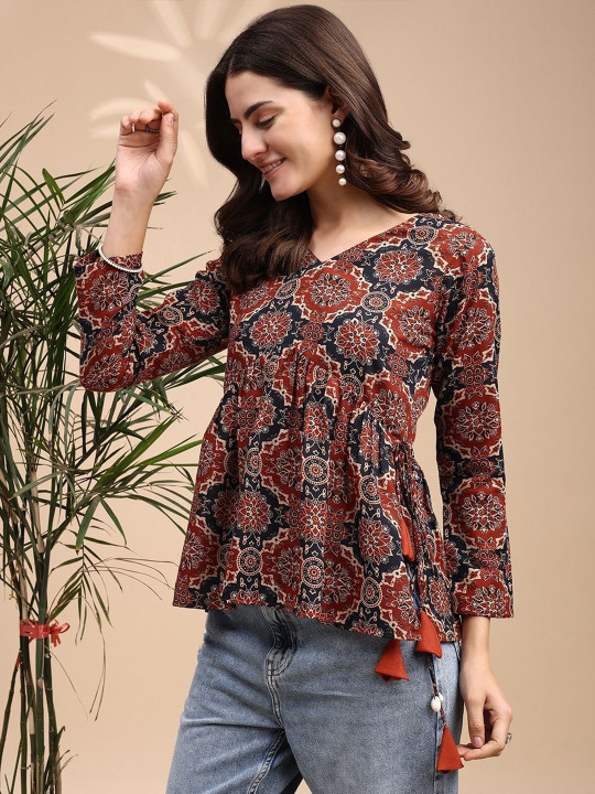 Women Ajrak Print Alia cut Peplum Kurti With Tassles and Kodi - Image 6