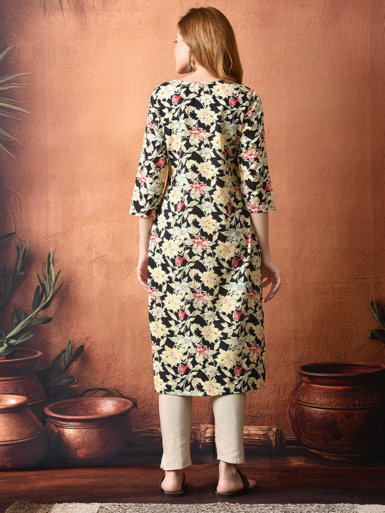 Floral Printed Thread Work Yoke Design Notch Neck Straight Pure Cotton Kurta - Image 5