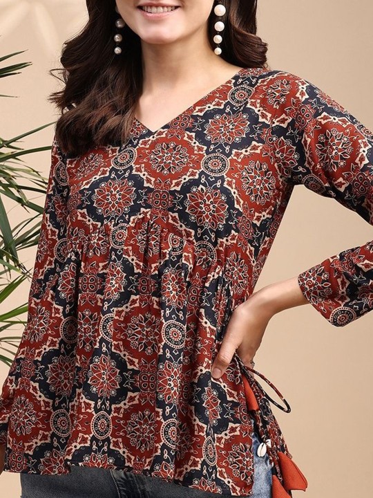 Women Ajrak Print Alia cut Peplum Kurti With Tassles and Kodi - Image 7