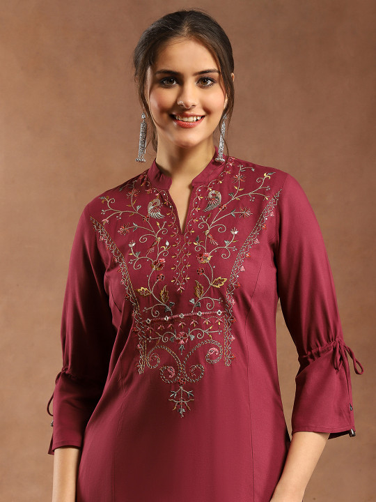 Viscose Rayon Mandarin Collar Embroidered Tunic - Image 7