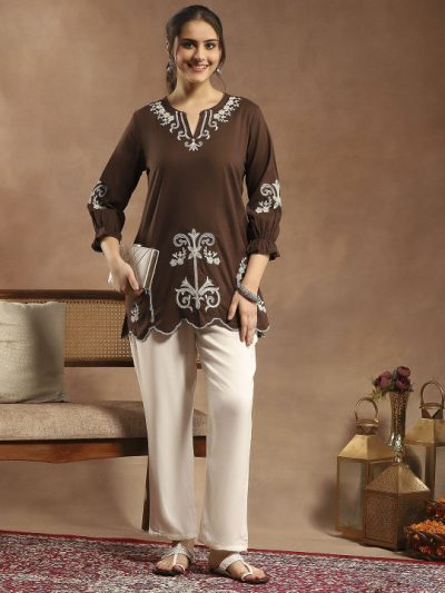 Solid Embroidered A-line Cotton Tunic for Women