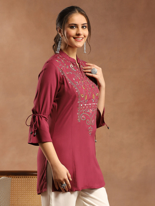 Viscose Rayon Mandarin Collar Embroidered Tunic - Image 6