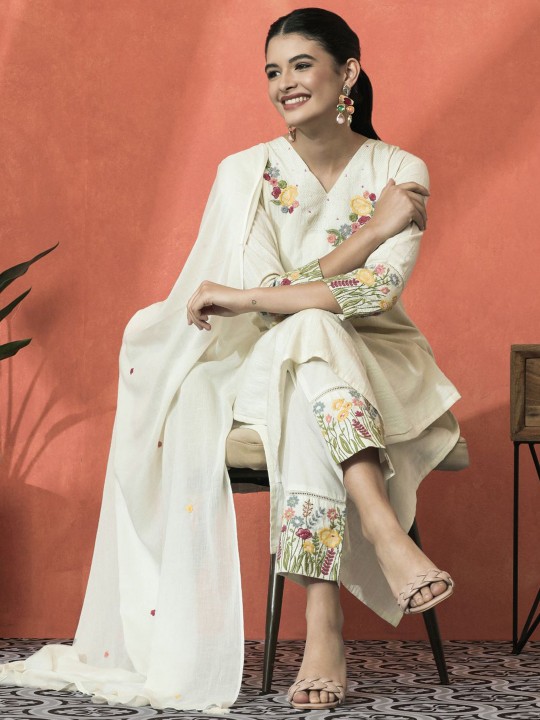 Floral Embroidered V-Neck Sequinned Cotton Straight Kurta With Trouser & Dupatta - Image 4