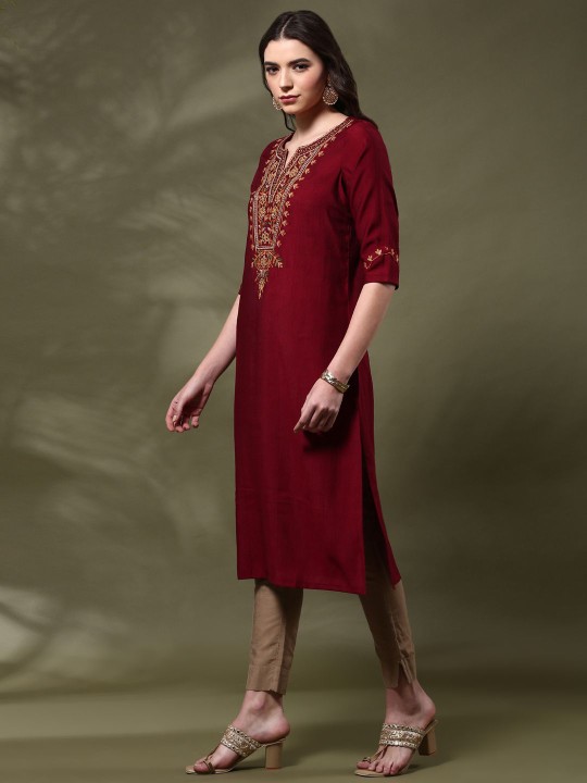Women Floral Embroidered Flared Sleeves Thread Work Kurta - Image 5