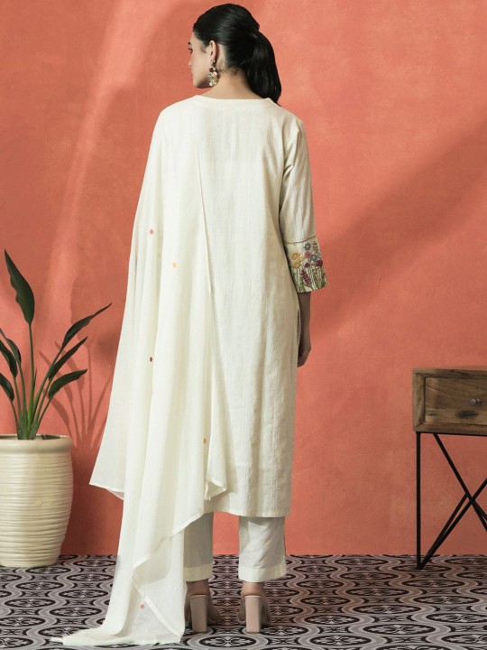 Floral Embroidered V-Neck Sequinned Cotton Straight Kurta With Trouser & Dupatta - Image 5