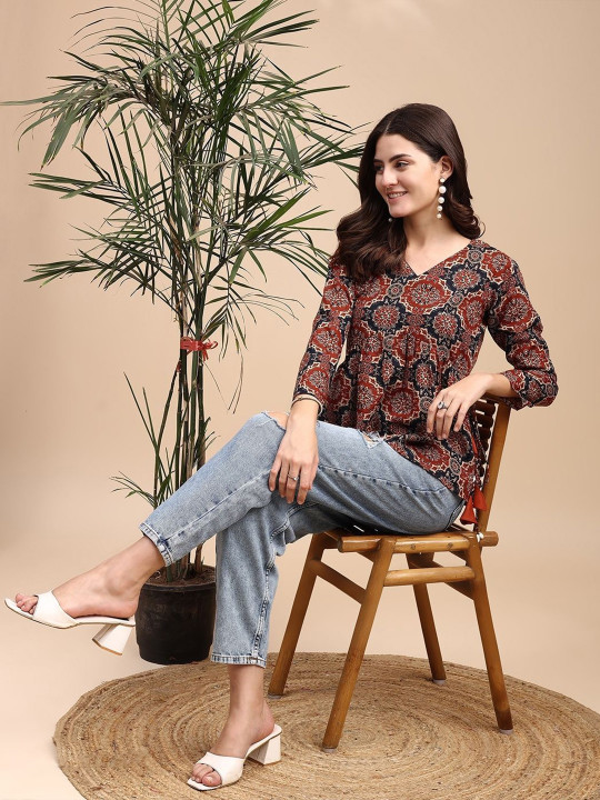 Women Ajrak Print Alia cut Peplum Kurti With Tassles and Kodi - Image 4