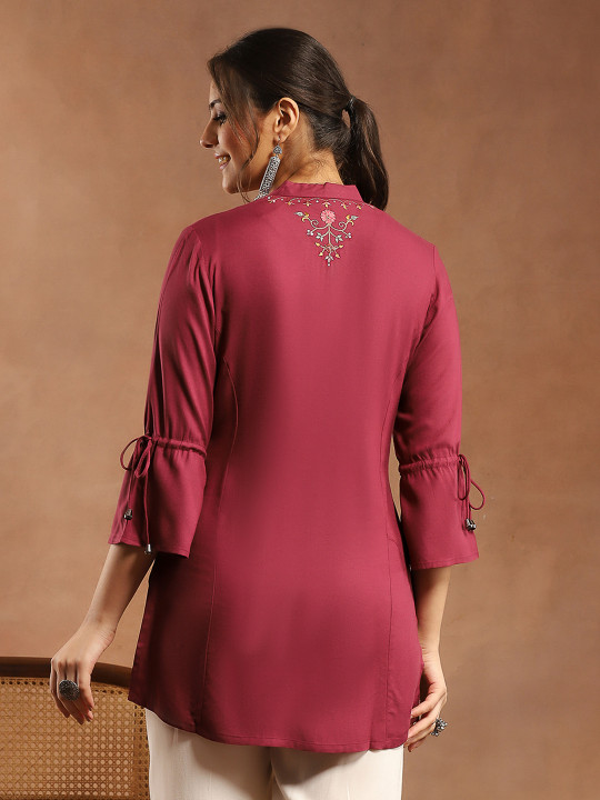Viscose Rayon Mandarin Collar Embroidered Tunic - Image 4
