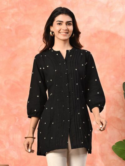 Mandarin Collar Printed Monochrome Tunic
