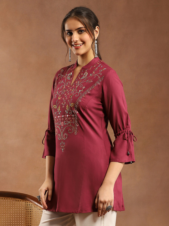 Viscose Rayon Mandarin Collar Embroidered Tunic - Image 5