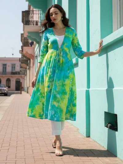 Corsica Women Tie & Dye Dyed Plunge Neck Anarkali Kurta