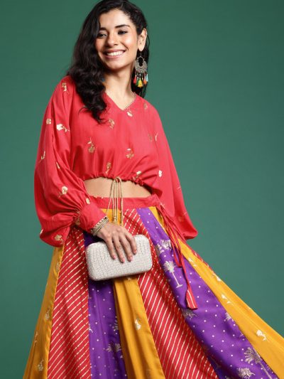 Sangria Foil Printed V-Neck Dolman Sleeves Ready to Wear Lehenga Choli