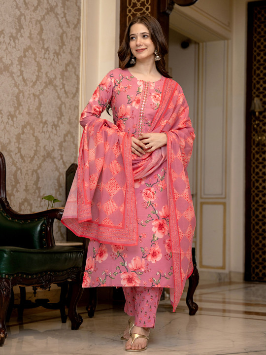 KALINI Floral Printed Mirror Work Straight Kurta With Trousers & Dupatta - Image 7