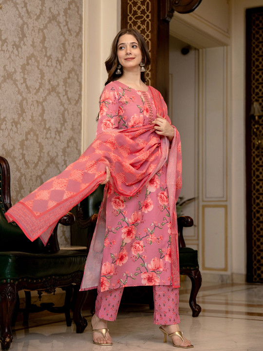 KALINI Floral Printed Mirror Work Straight Kurta With Trousers & Dupatta - Image 5