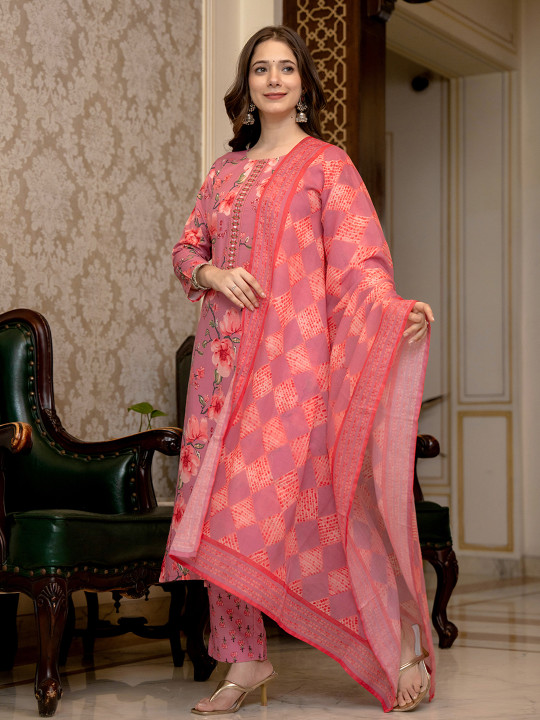 KALINI Floral Printed Mirror Work Straight Kurta With Trousers & Dupatta - Image 4