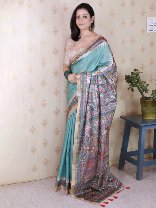 ELITE WEAVES Kalamkari Printed Zari Tussar Saree - Image 5