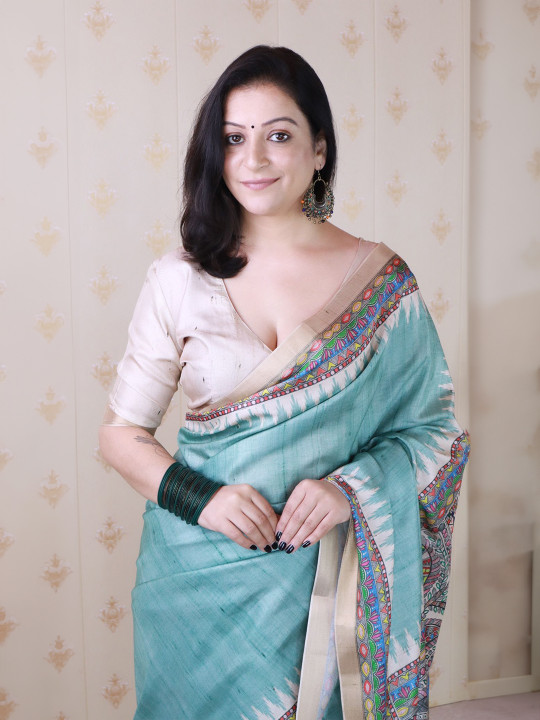 ELITE WEAVES Kalamkari Printed Zari Tussar Saree - Image 4