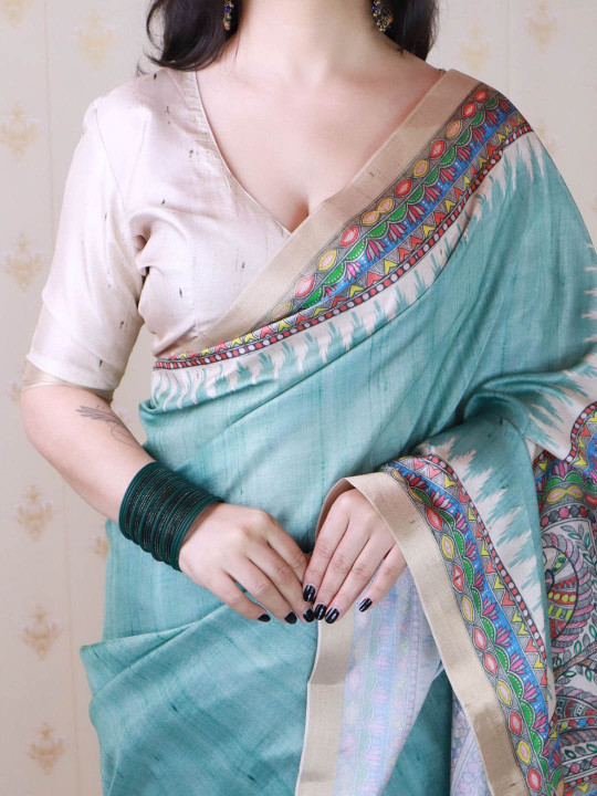 ELITE WEAVES Kalamkari Printed Zari Tussar Saree - Image 3